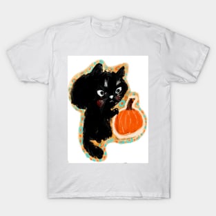 Black Kitty cat with pumpkin! Halloween sweetness! T-Shirt